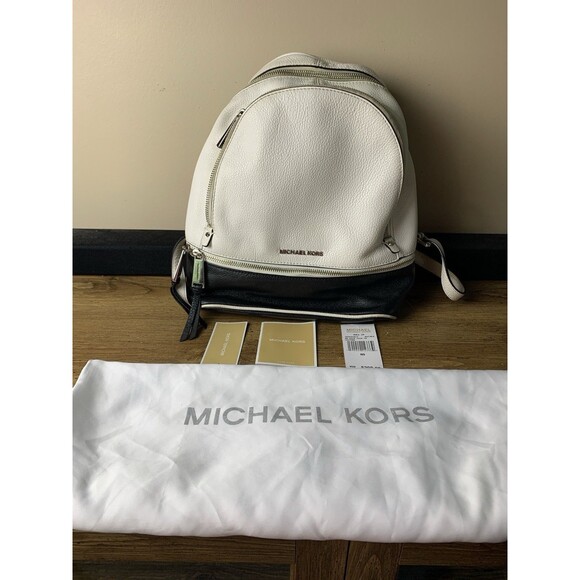 Michael Kors Rhea Medium Color-Block Leather Backpack White/Black W/Dust Bag - Picture 1 of 16